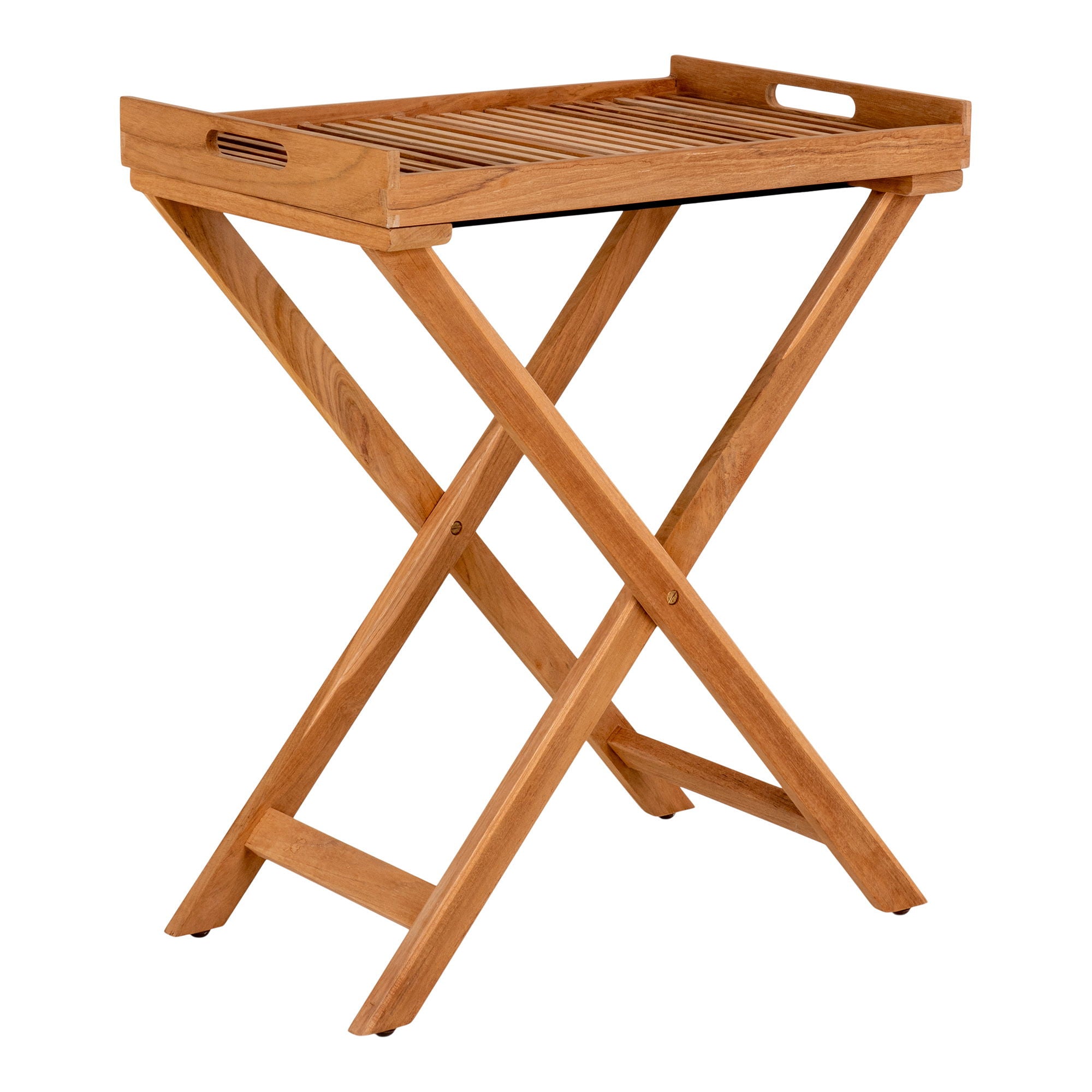 Schuin perspectief van Ronda dienbladtafel in House Nordic teakhout, met slanke poten, houten lattenblad en handgrepen